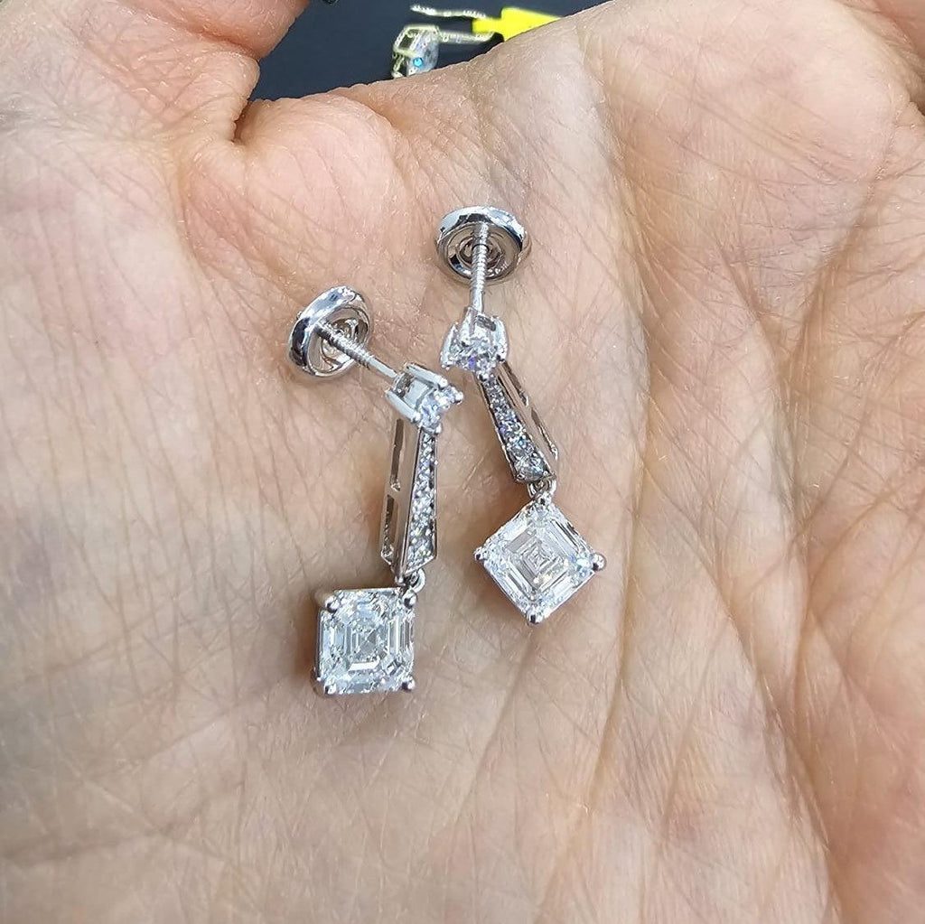 Last Piece ! Certified 3.50Carat Asscher Diamond Dangle Drop Earrings in 18k White Gold 5.00Grams