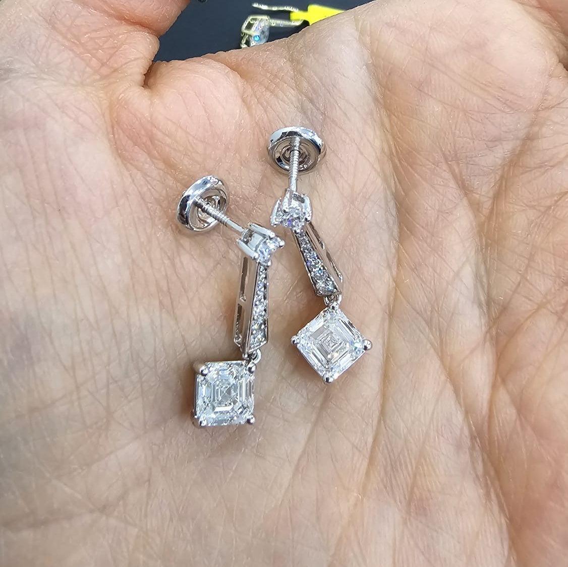 Last Piece ! Certified 3.50Carat Asscher Diamond Dangle Drop Earrings in 18k White Gold 5.00Grams