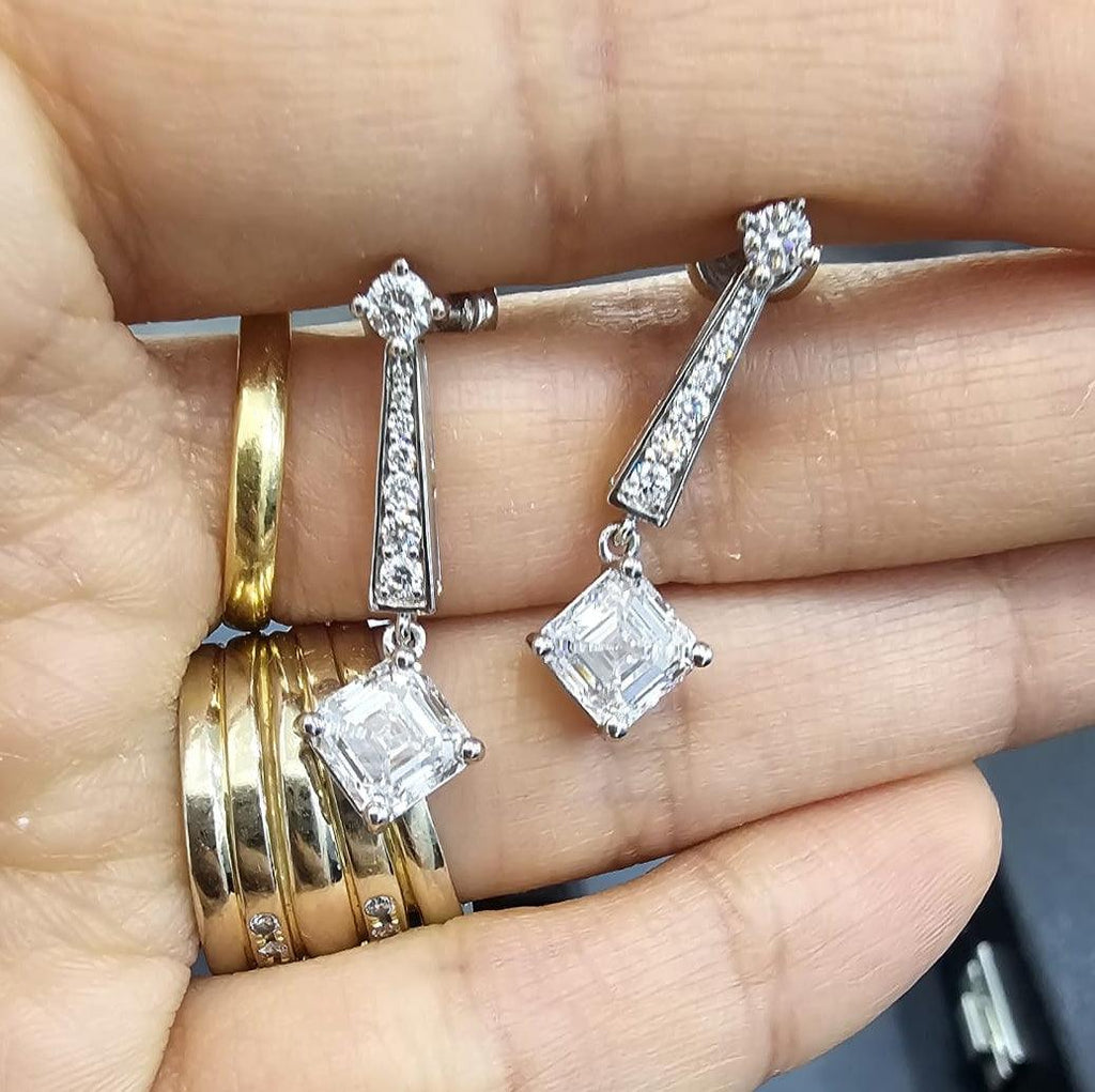 Last Piece ! Certified 3.50Carat Asscher Diamond Dangle Drop Earrings in 18k White Gold 5.00Grams