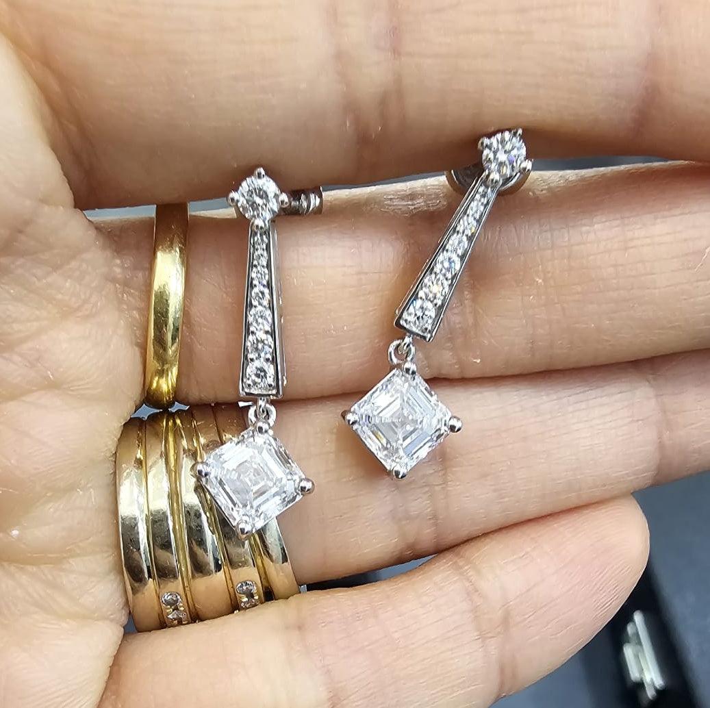 Last Piece ! Certified 3.50Carat Asscher Diamond Dangle Drop Earrings in 18k White Gold 5.00Grams