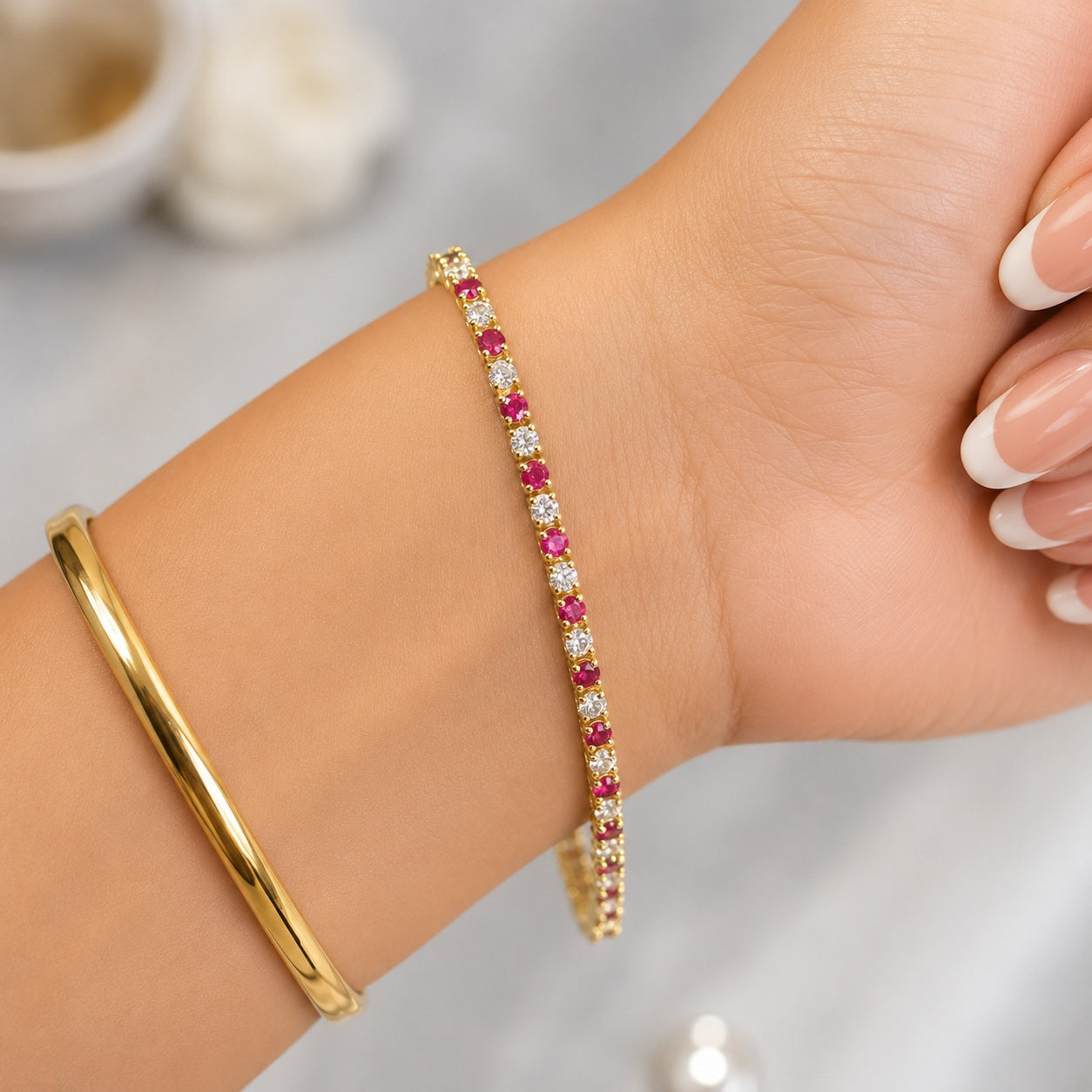 Natural Ruby and Diamond Tennis Bracelet Crafted in White Gold 5.00Ct
