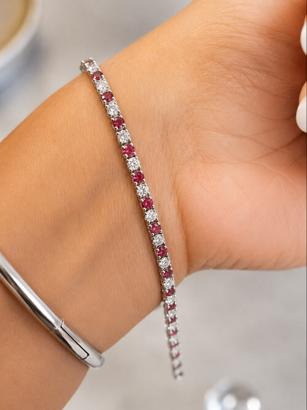 Natural Ruby and Diamond Tennis Bracelet Crafted in White Gold 5.00Ct