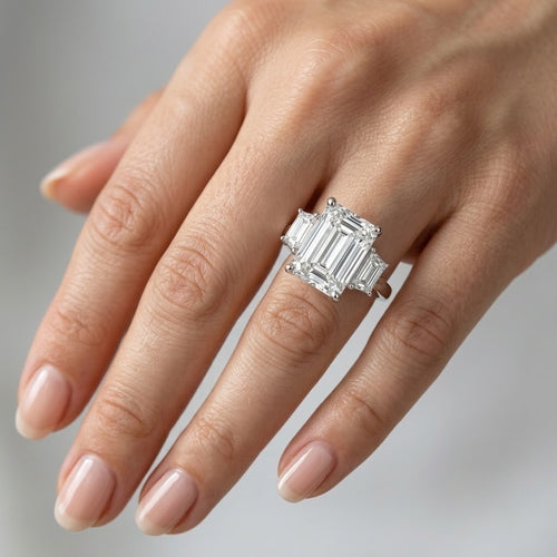 12.00Ct Emerald & Trapezoid Lab Diamond Trilogy Ring Platinum