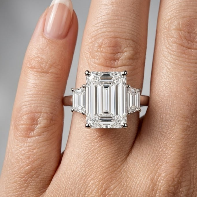 12.00Ct Emerald & Trapezoid Lab Diamond Trilogy Ring Platinum