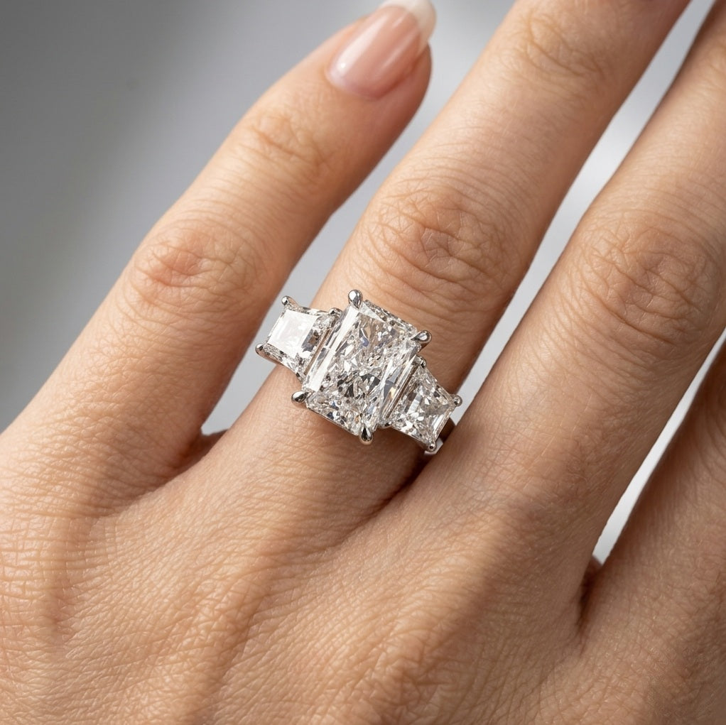 IGI Certified E/VS 6.50 Carat Radiant & Diamond Trilogy Ring Platinum