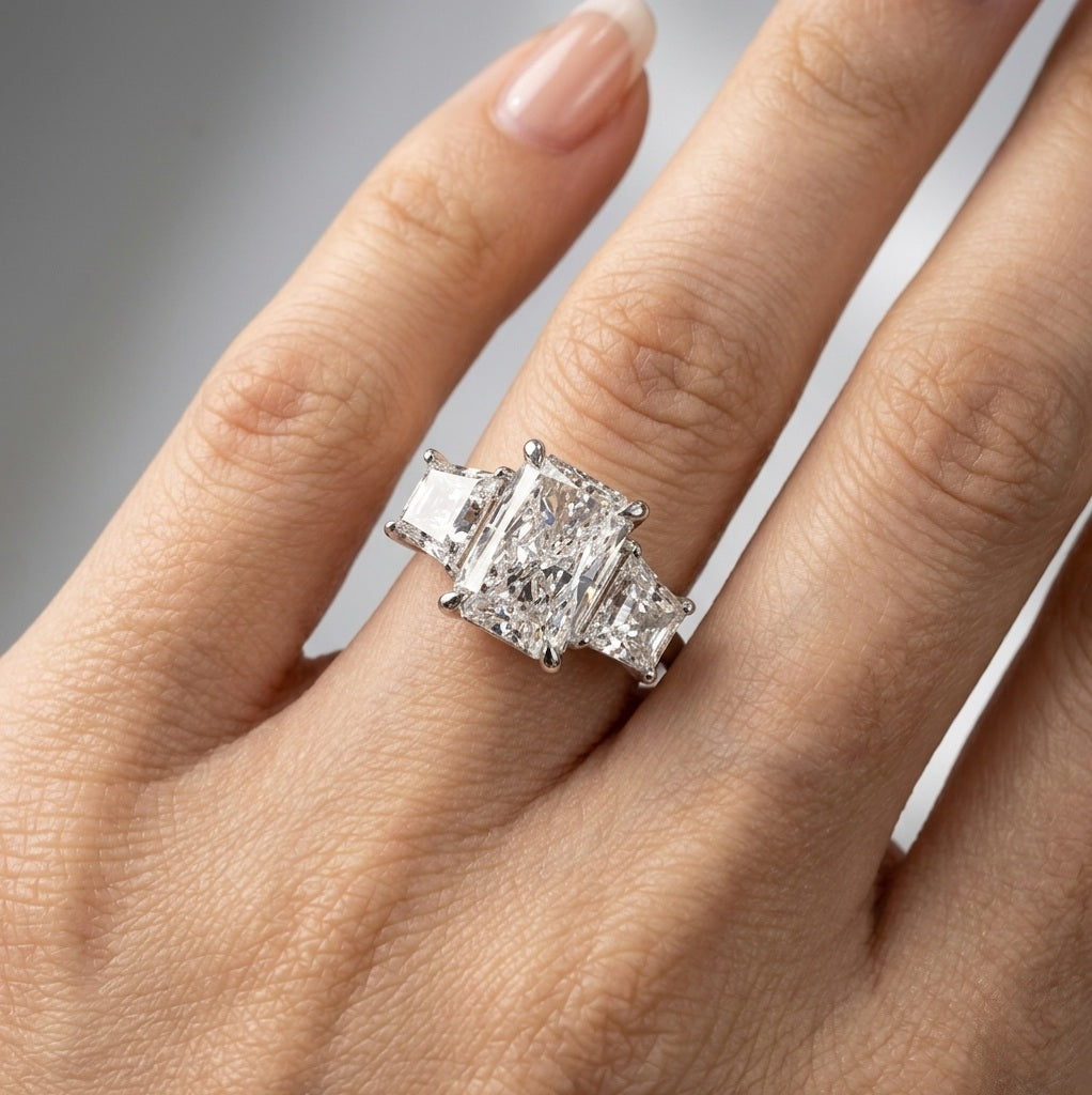 IGI Certified E/VS 6.50 Carat Radiant & Diamond Trilogy Ring Platinum