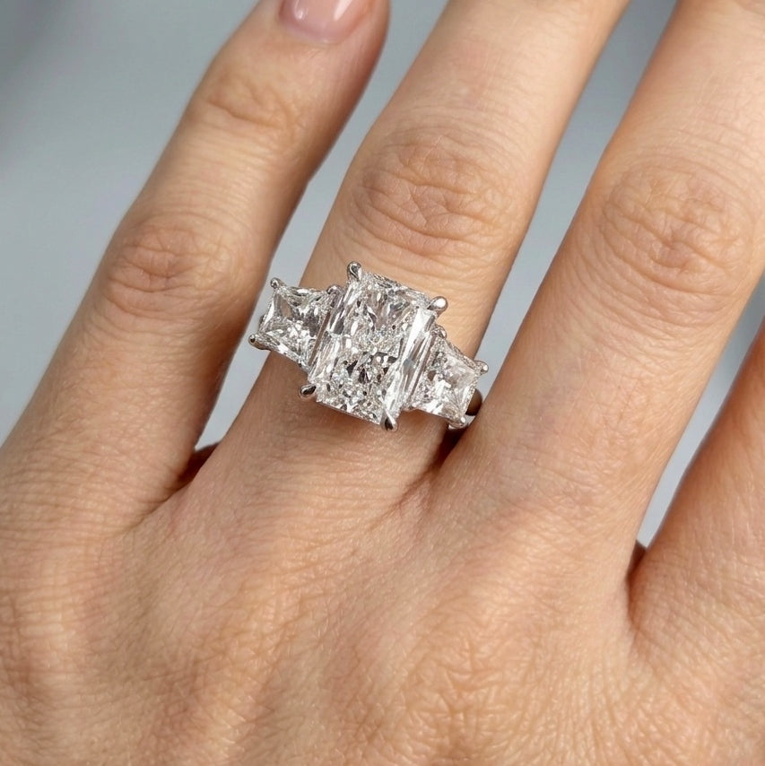 IGI Certified E/VS 6.50 Carat Radiant & Diamond Trilogy Ring Platinum