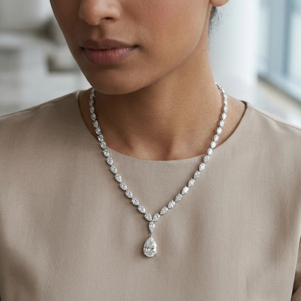 34Ct Pear Diamond Tennis Necklace – 18K White Gold, F/VS