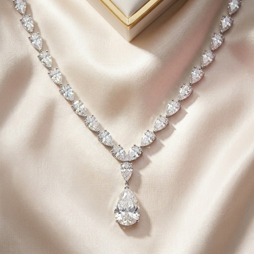 34Ct Pear Diamond Tennis Necklace – 18K White Gold, F/VS