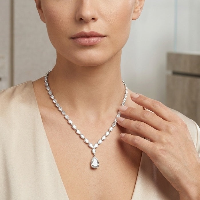 34Ct Pear Diamond Tennis Necklace – 18K White Gold, F/VS