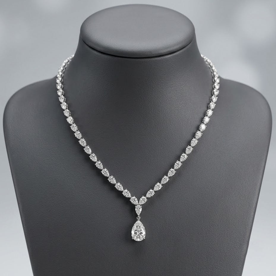 34Ct Pear Diamond Tennis Necklace – 18K White Gold, F/VS