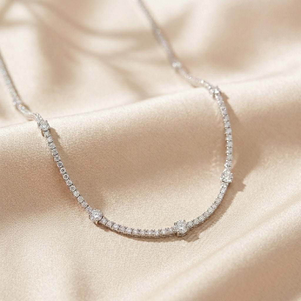 7.5ct Round Diamond Tennis Necklace – 18K White Gold, D/VS, Certified