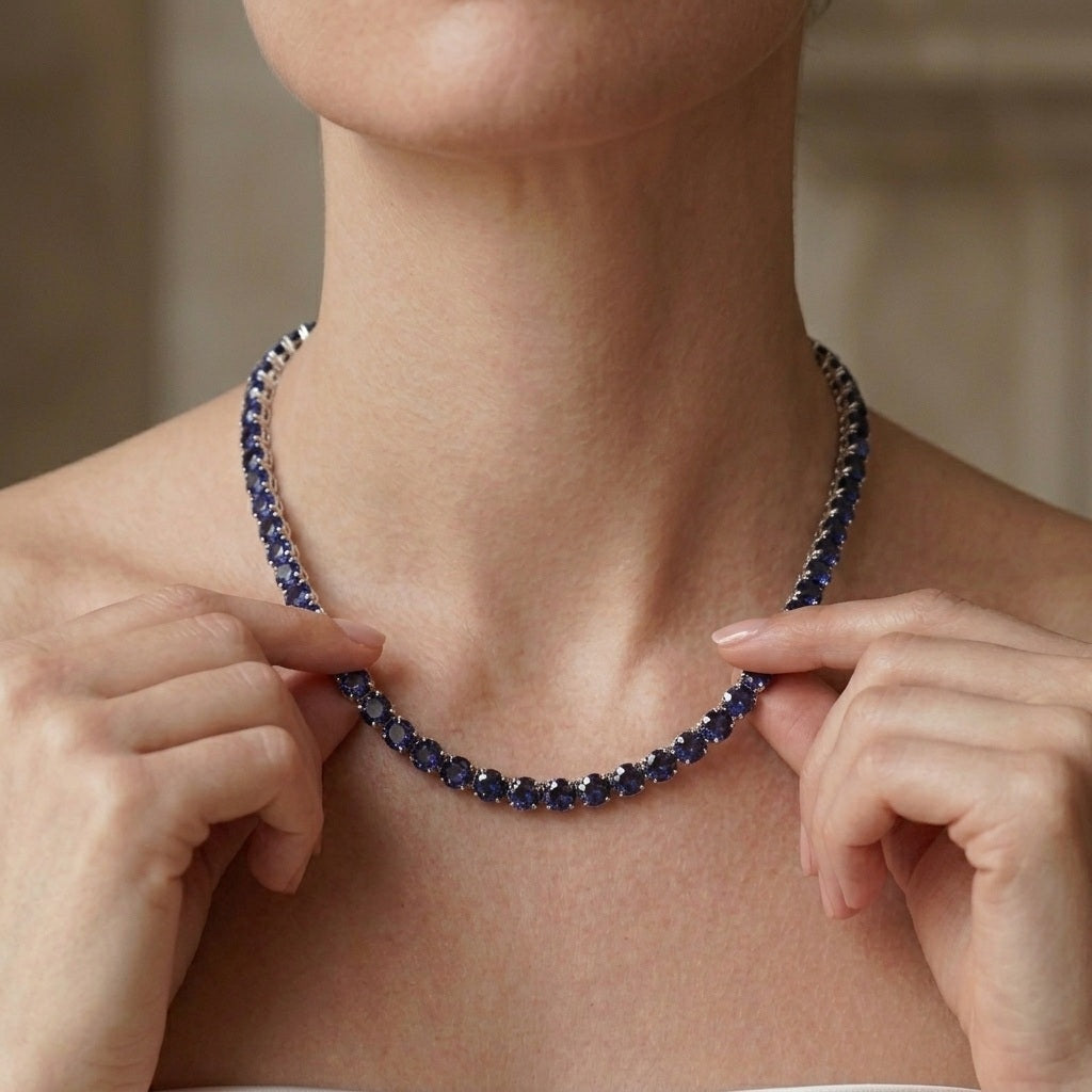 100% Natural Diamond Cut Sapphire Tennis Necklace in 9K Gold – 25.00CT & 35.00CT