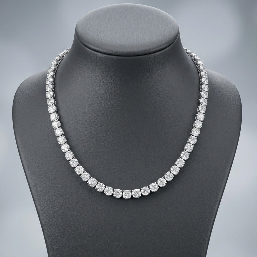 D/VS 55.00Ct Lab Round Diamond Tennis Necklace in UK Hallmarked Gold - 22inches
