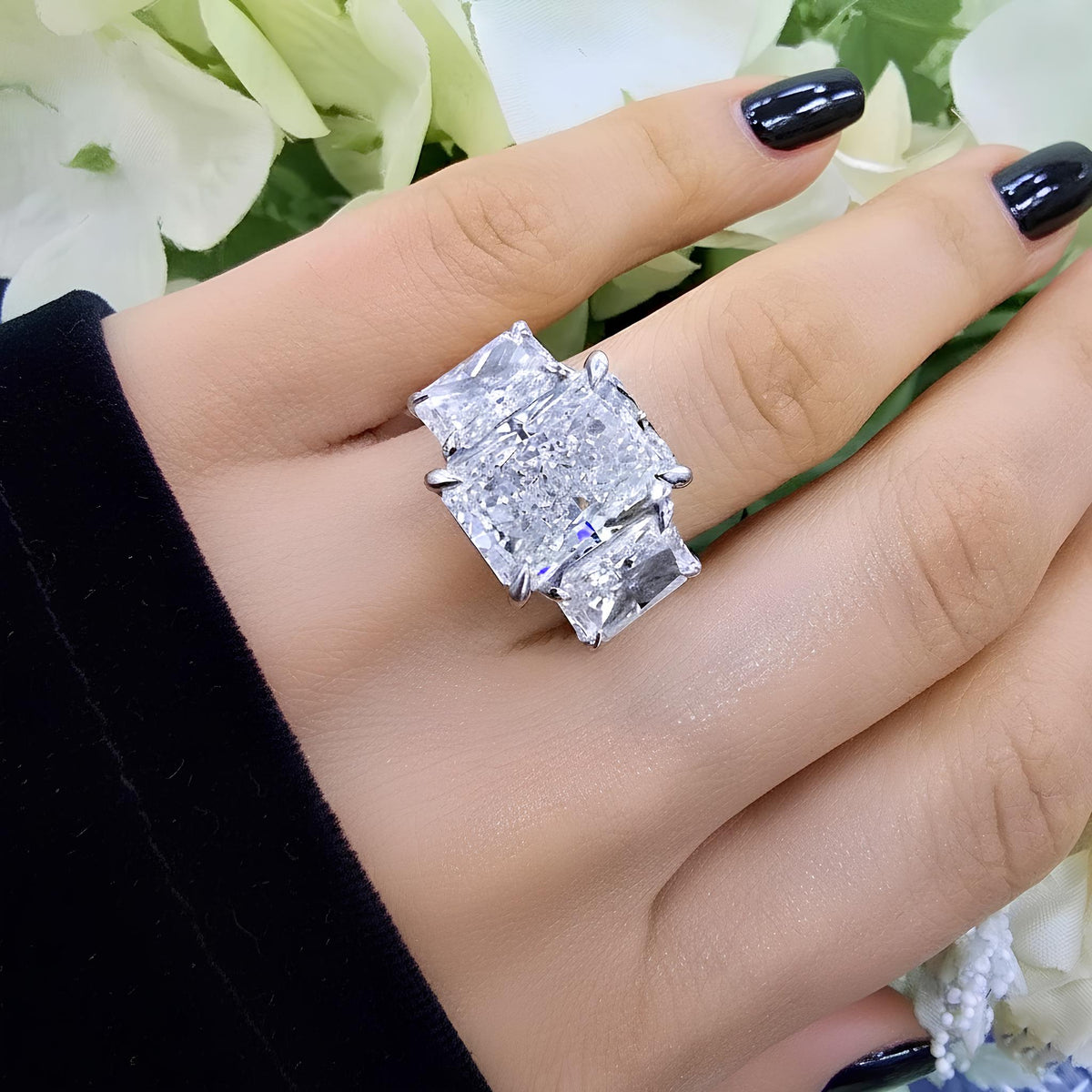 Stunning 11.00CT IGI Certified F/VS Lab Grown Radiant Diamond Trilogy Ring in Platinum