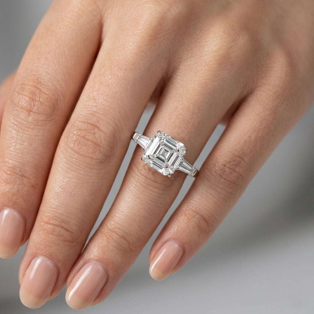 Last Piece IGI Certified 2.50Ct - 4.50Ct Asscher & Diamond Trilogy Ring Platinum