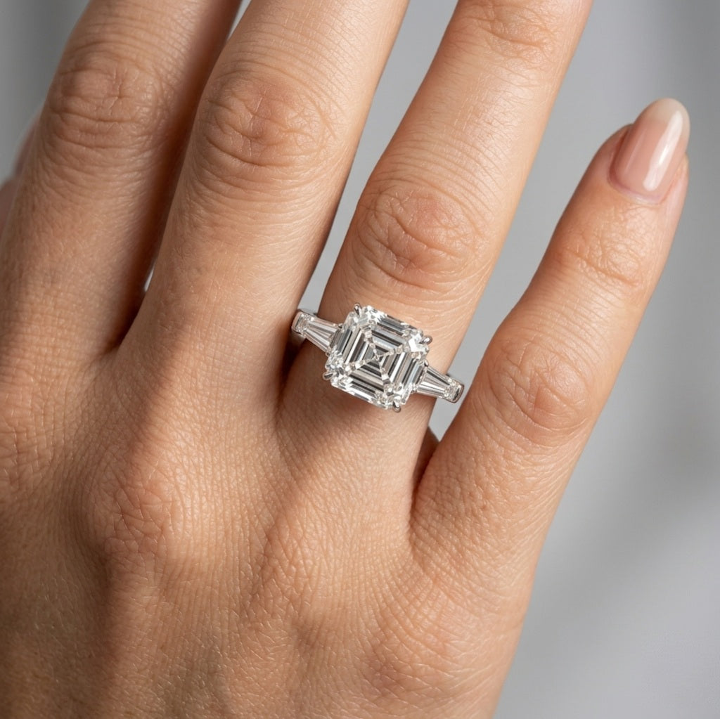 Last Piece IGI Certified 2.50Ct - 4.50Ct Asscher & Diamond Trilogy Ring Platinum