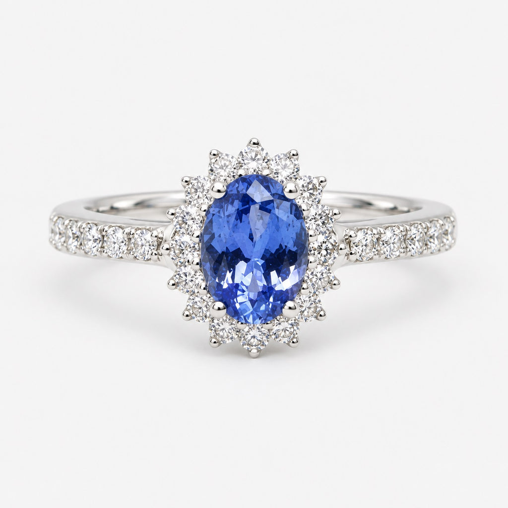 1.50 Carat Light Blue Sapphire & Round Diamond Cluster Ring In Gold & Platinum