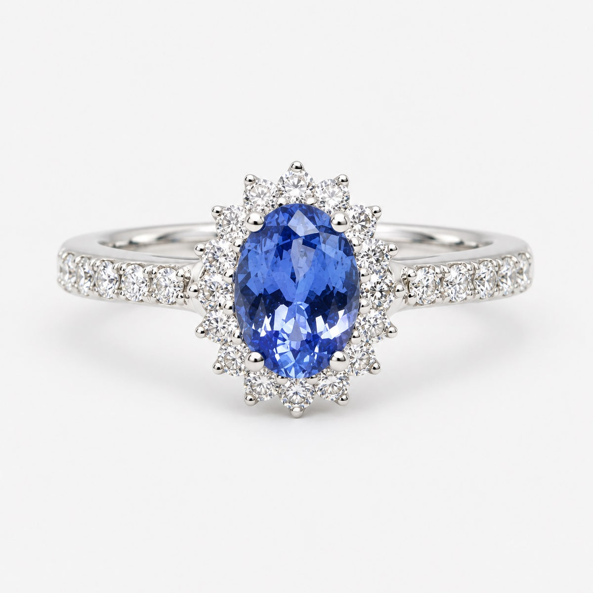 1.50 Carat Light Blue Sapphire & Round Diamond Cluster Ring In Gold & Platinum