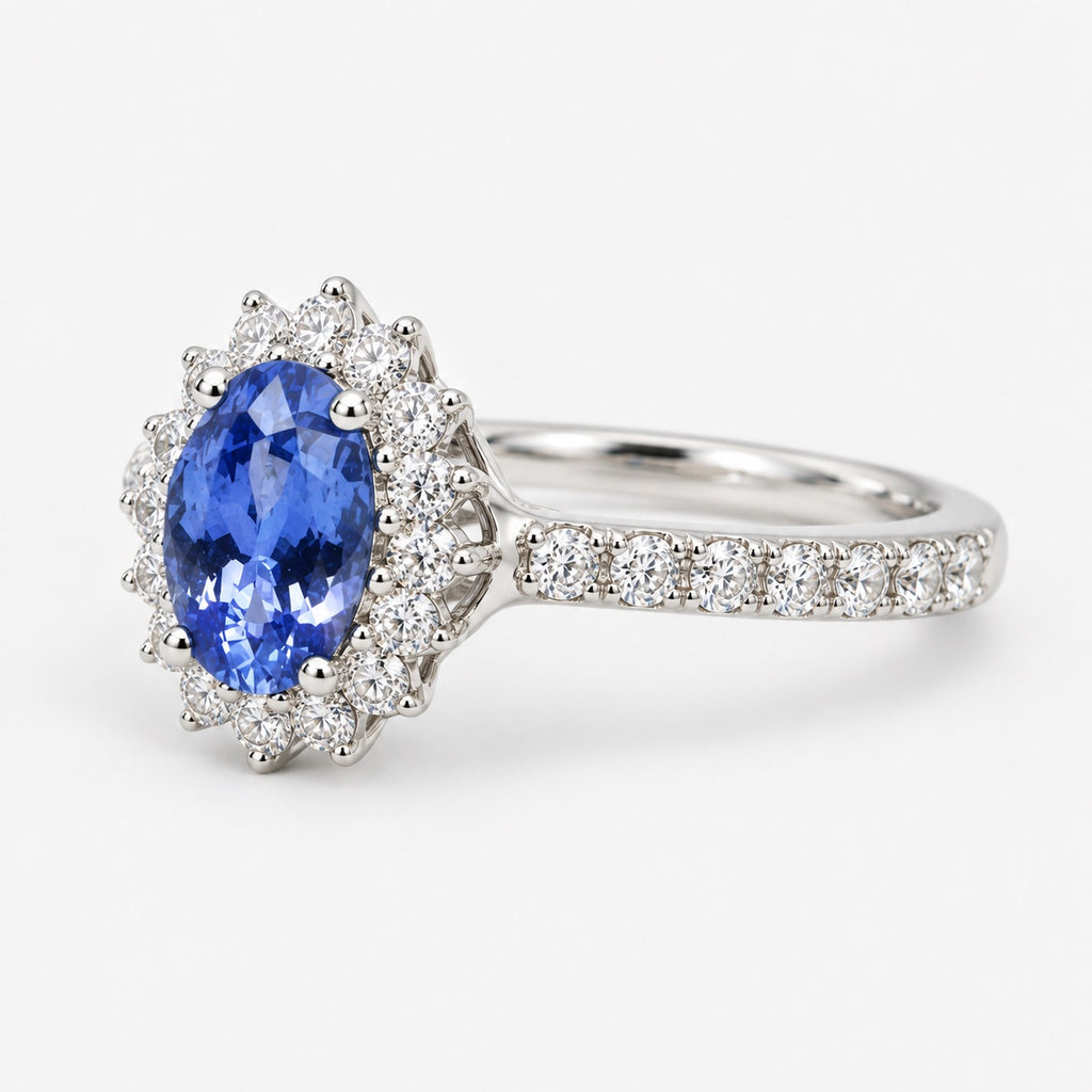 1.50 Carat Light Blue Sapphire & Round Diamond Cluster Ring In Gold & Platinum