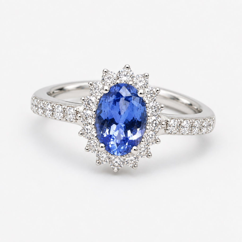 1.50 Carat Light Blue Sapphire & Round Diamond Cluster Ring In Gold & Platinum