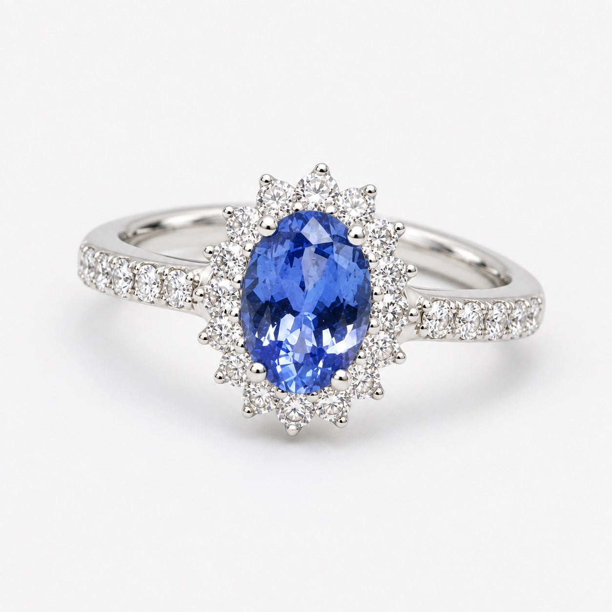 1.50 Carat Light Blue Sapphire & Round Diamond Cluster Ring In Gold & Platinum