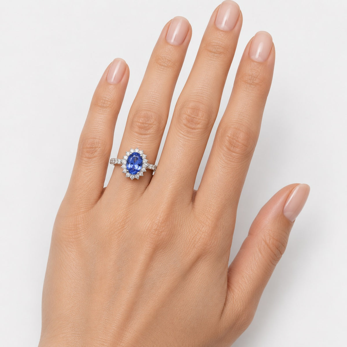 1.50 Carat Light Blue Sapphire & Round Diamond Cluster Ring In Gold & Platinum