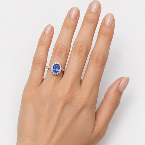 1.50 Carat Light Blue Sapphire & Round Diamond Cluster Ring In Gold & Platinum