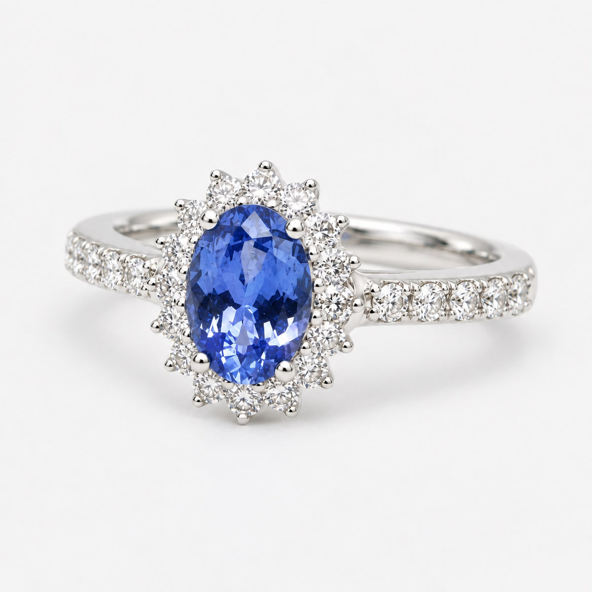 1.50 Carat Light Blue Sapphire & Round Diamond Cluster Ring In Gold & Platinum