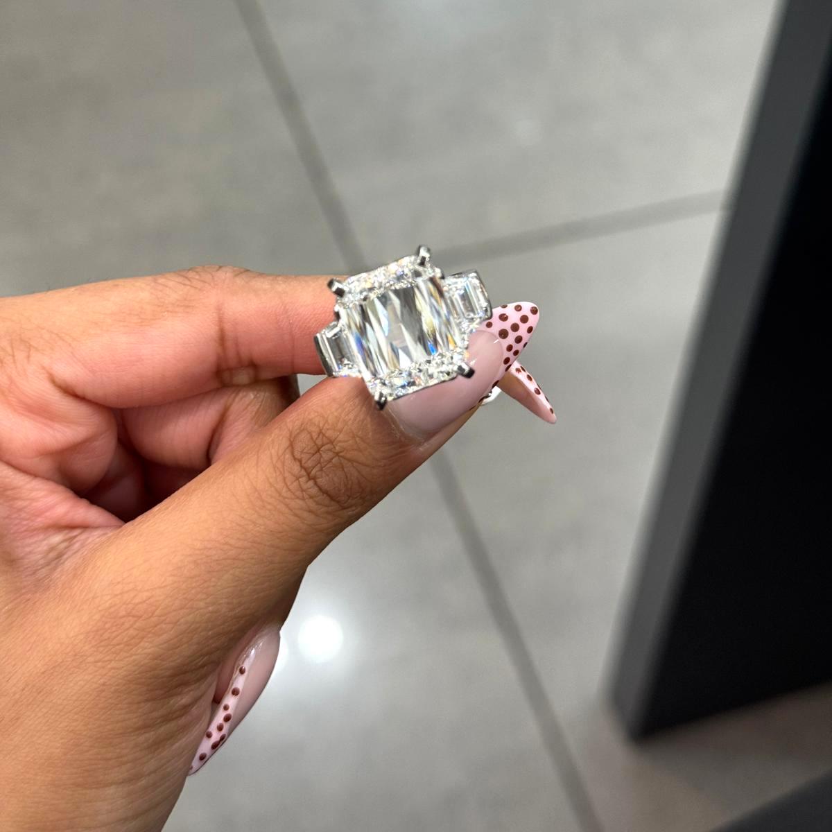 SALE! IGI Certified 16.00ct Lab Grown Ashoka Cut With Trapezoid Diamond Trilogy Ring in Plaitnum