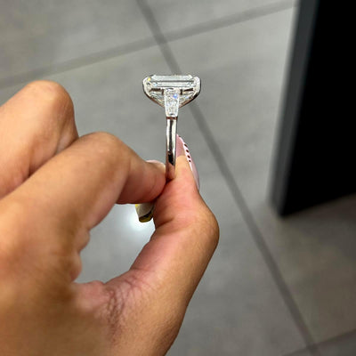 SALE! IGI Certified 16.00ct Lab Grown Emerald Cut Diamond Trilogy Ring | Amada Diamonds UK