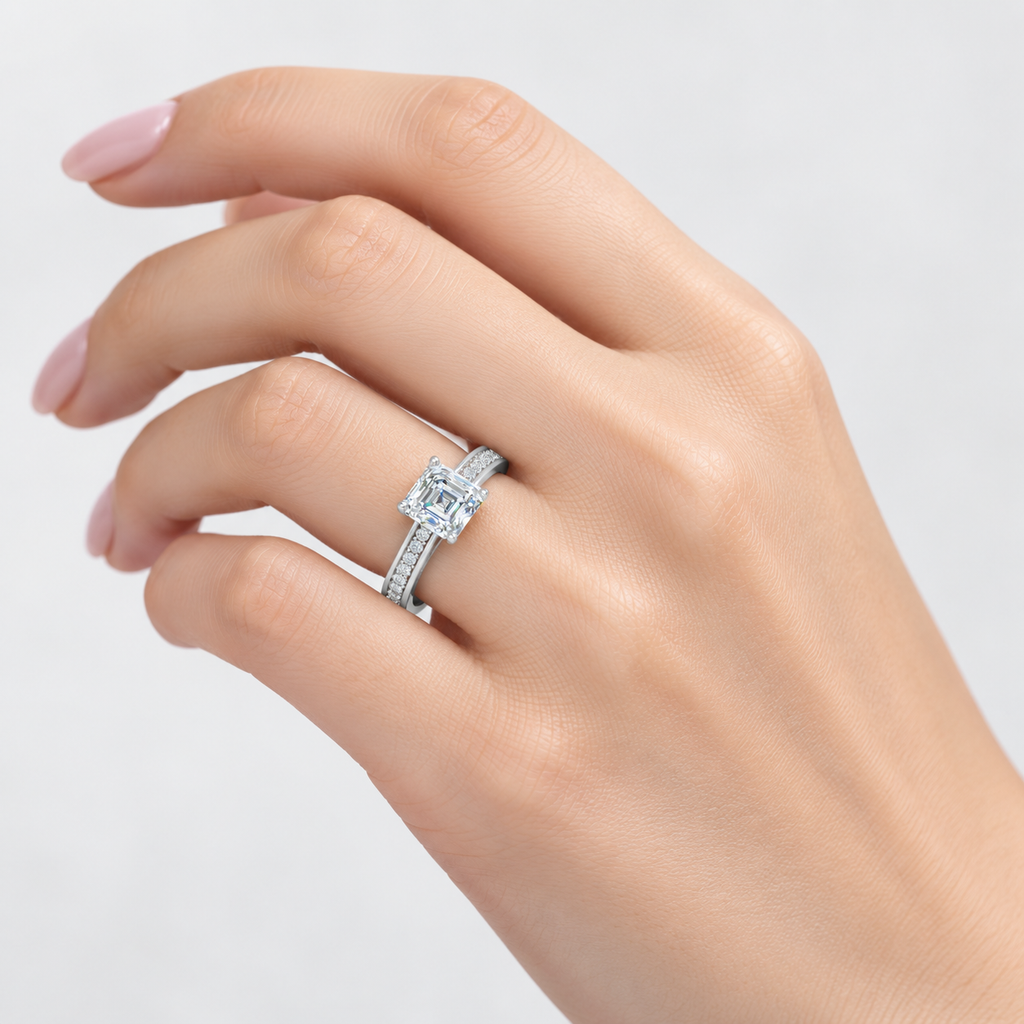 IGI Certified Lab Grown Classic Asscher-Cut Diamond with Round Pavé-Setting Engagement Ring in Gold & Platinum – 1–4Ct