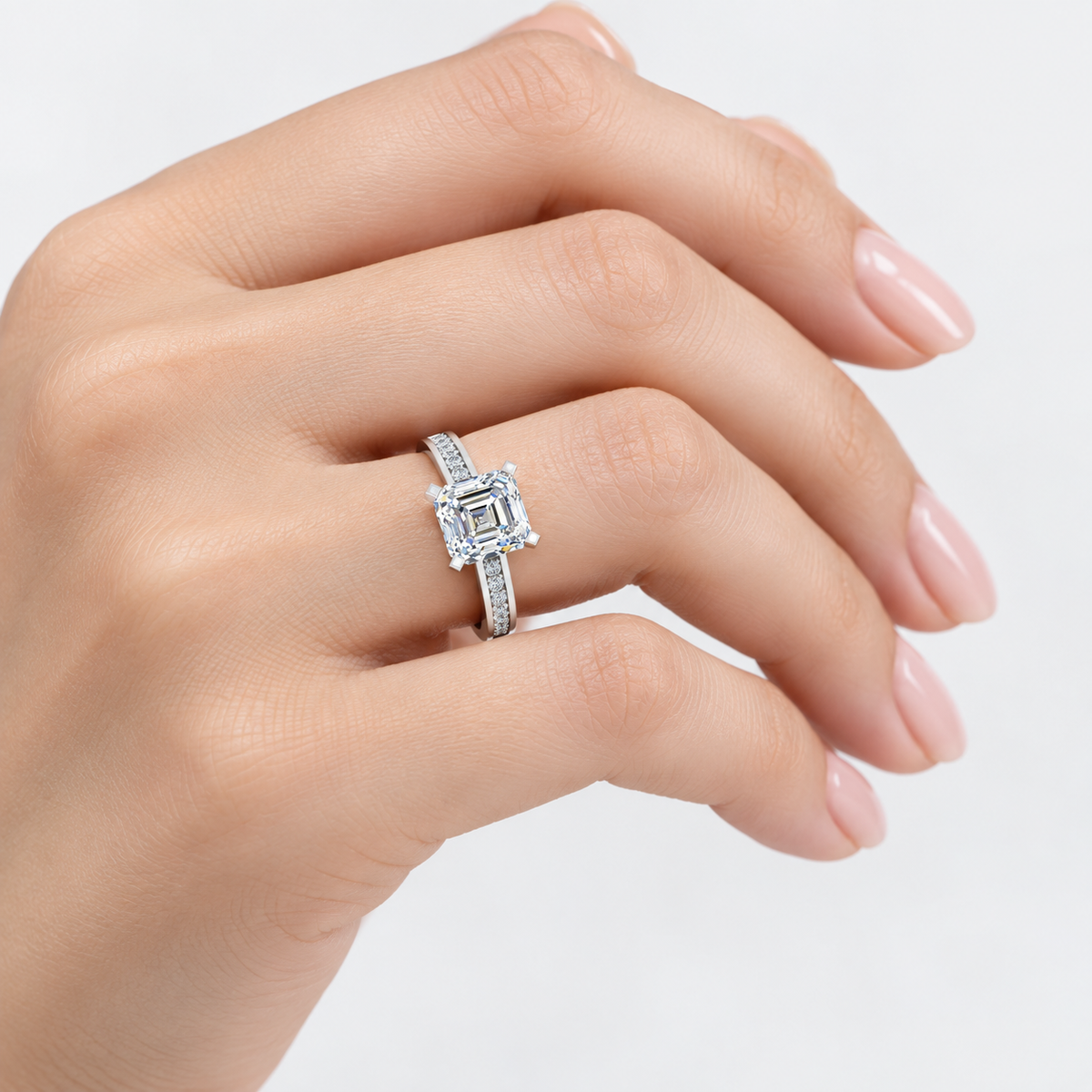 IGI Certified Lab Grown Classic Asscher-Cut Diamond with Round Channel-Set Engagement Ring in Gold & Platinum – 1–4Ct