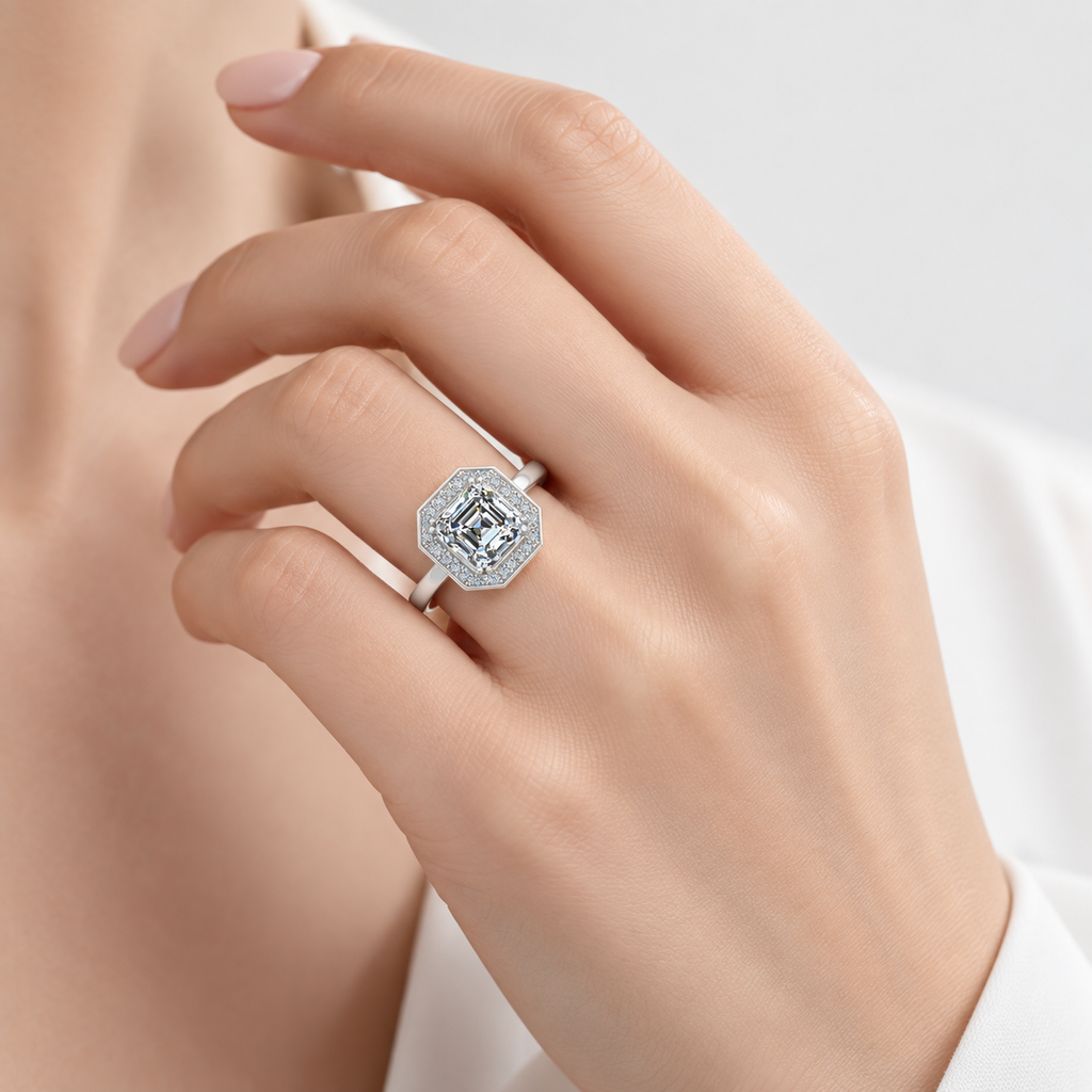 IGI Certified Lab Grown Asscher Cut Diamond with Round Halo Engagement Ring in Gold & Platinum