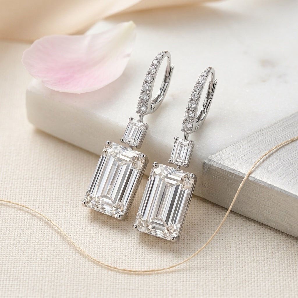 CERTIFIED 25 carat Emerald Diamond Dangle Drop Earring in Platinum