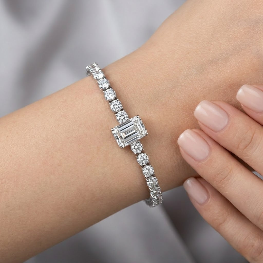 8.50Ct Emerald and Round Lab Diamond Tennis Bracelet In 9k White Gold 7inch