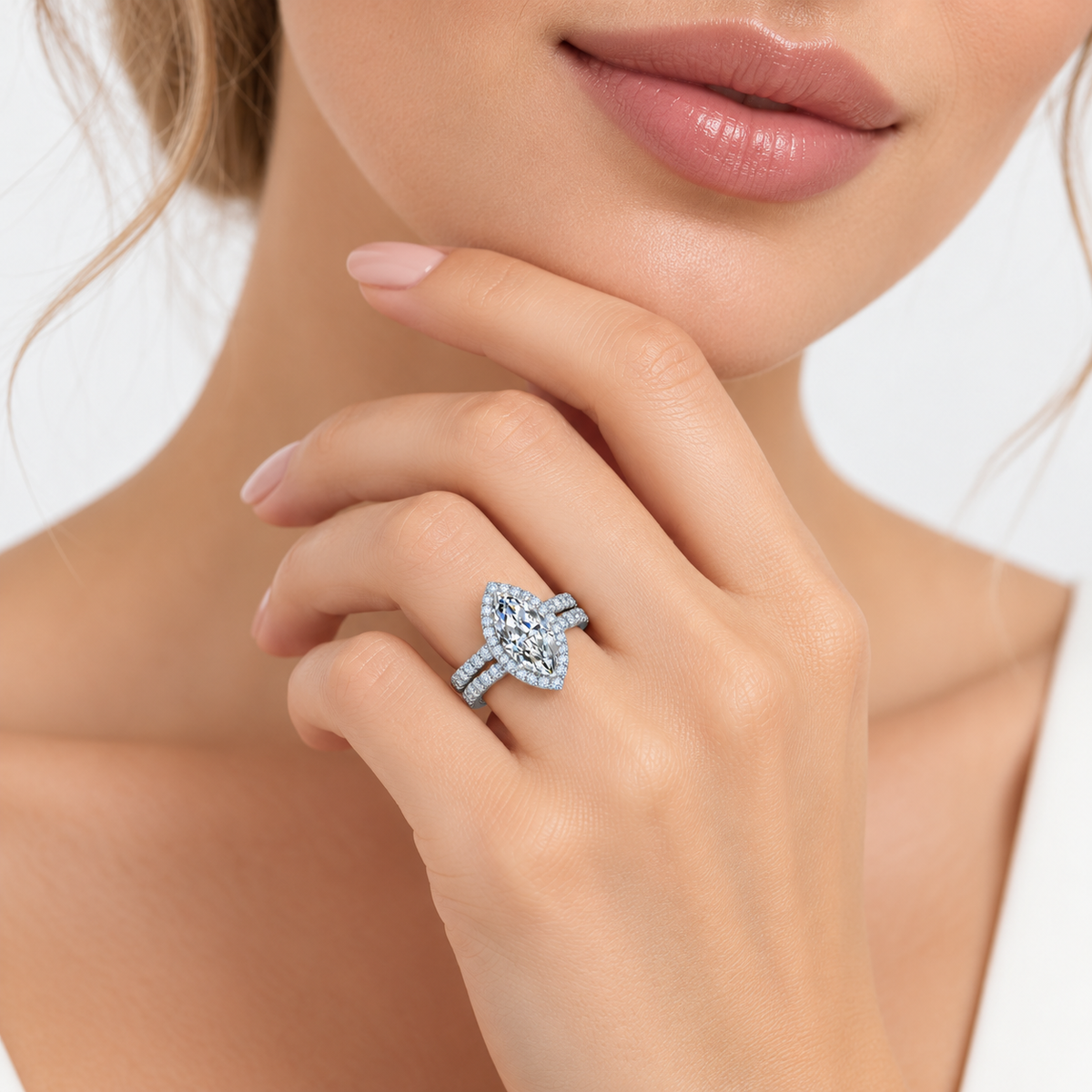 IGI Certified Lab Grown Marquise Diamond Halo Bridal Set Ring with Matching Band in Gold & Platinum - 1-5ct