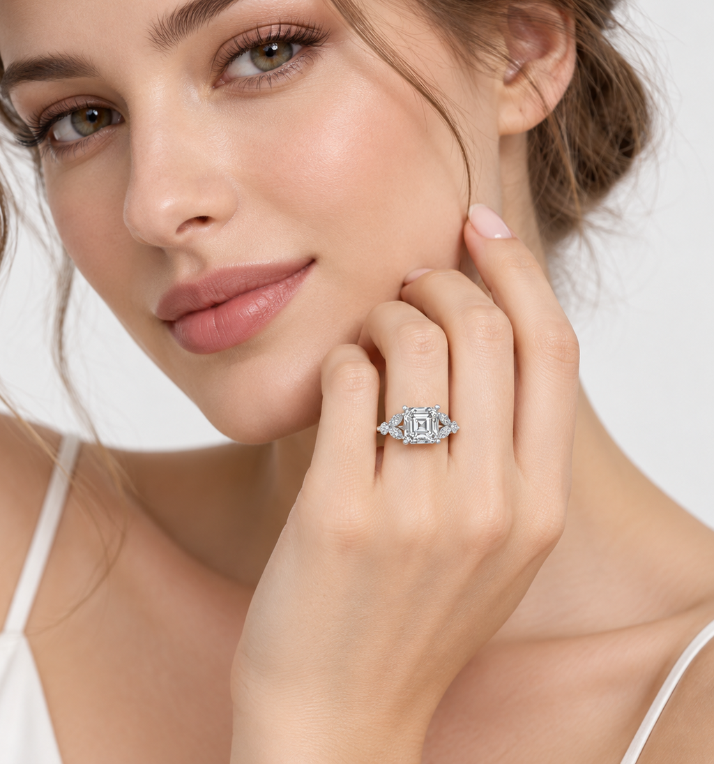 IGI Certified Lab Grown Classic Asscher Cut Diamond with Marquise & Round Halo Engagement Ring with Pavé Band in Gold & Platinum – 1–4Ct