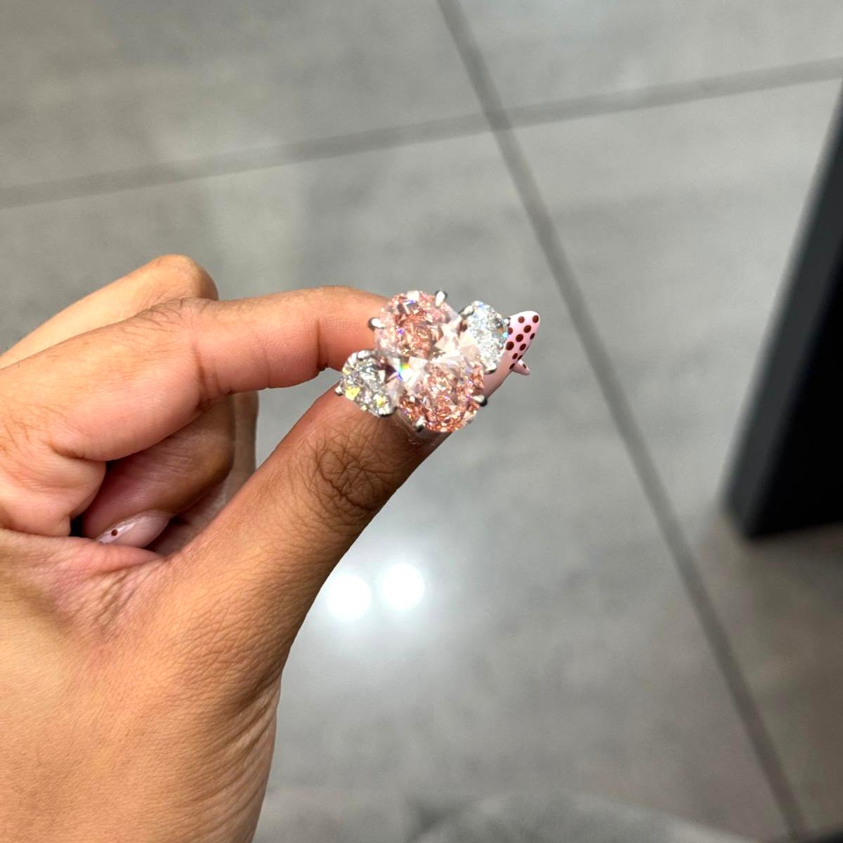 Black Friday Deal ! 12.50ct Fancy Pink Oval & Heart Lab Diamond Trilogy Ring in 18k Gold