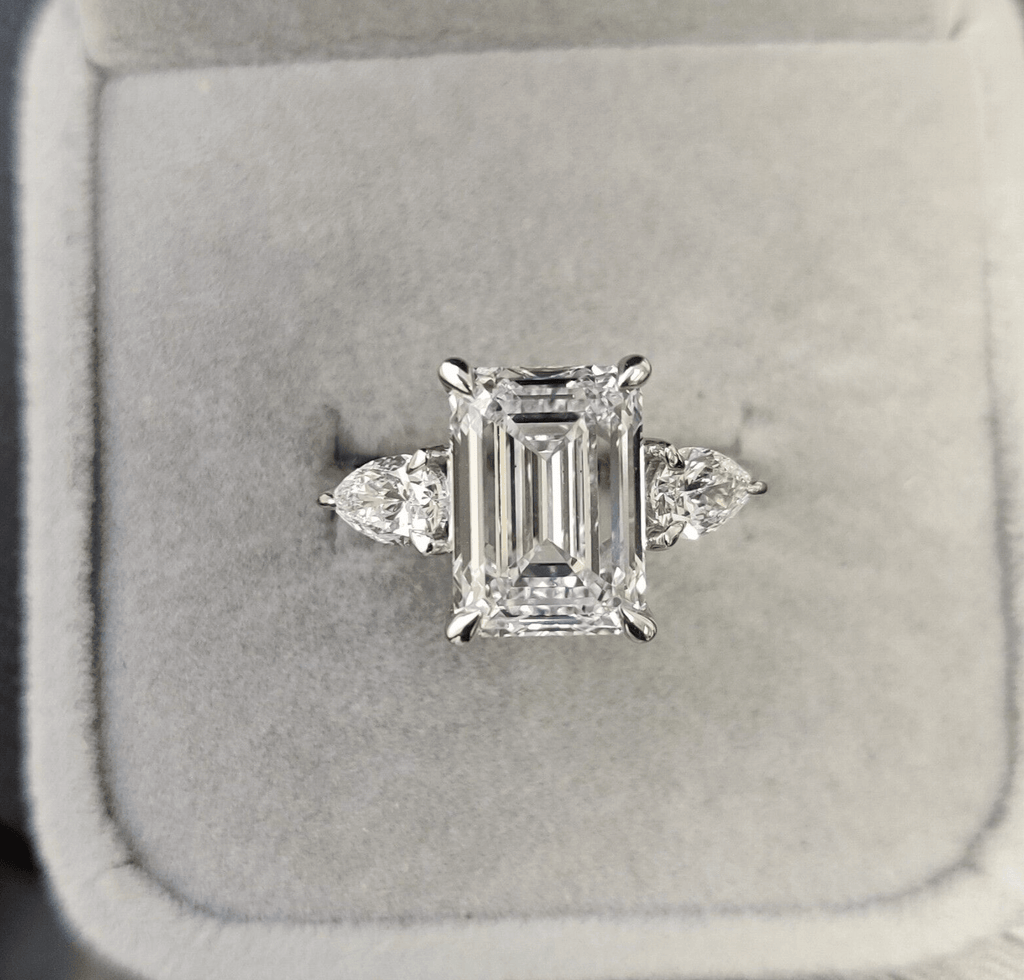 Special Offer ! F/VS 4.50Ct - 5.50 Ct Emerald & Side Pear Diamond Trilogy Ring Platinum