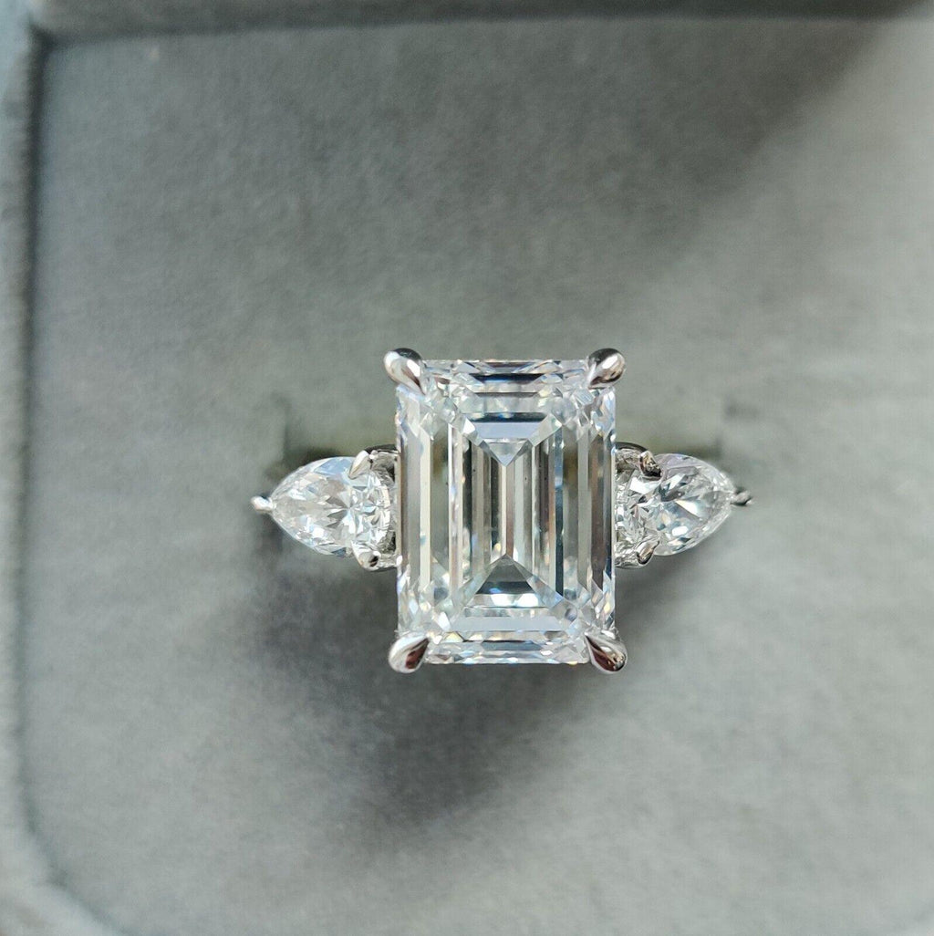 Special Offer ! F/VS 4.50Ct - 5.50 Ct Emerald & Side Pear Diamond Trilogy Ring Platinum