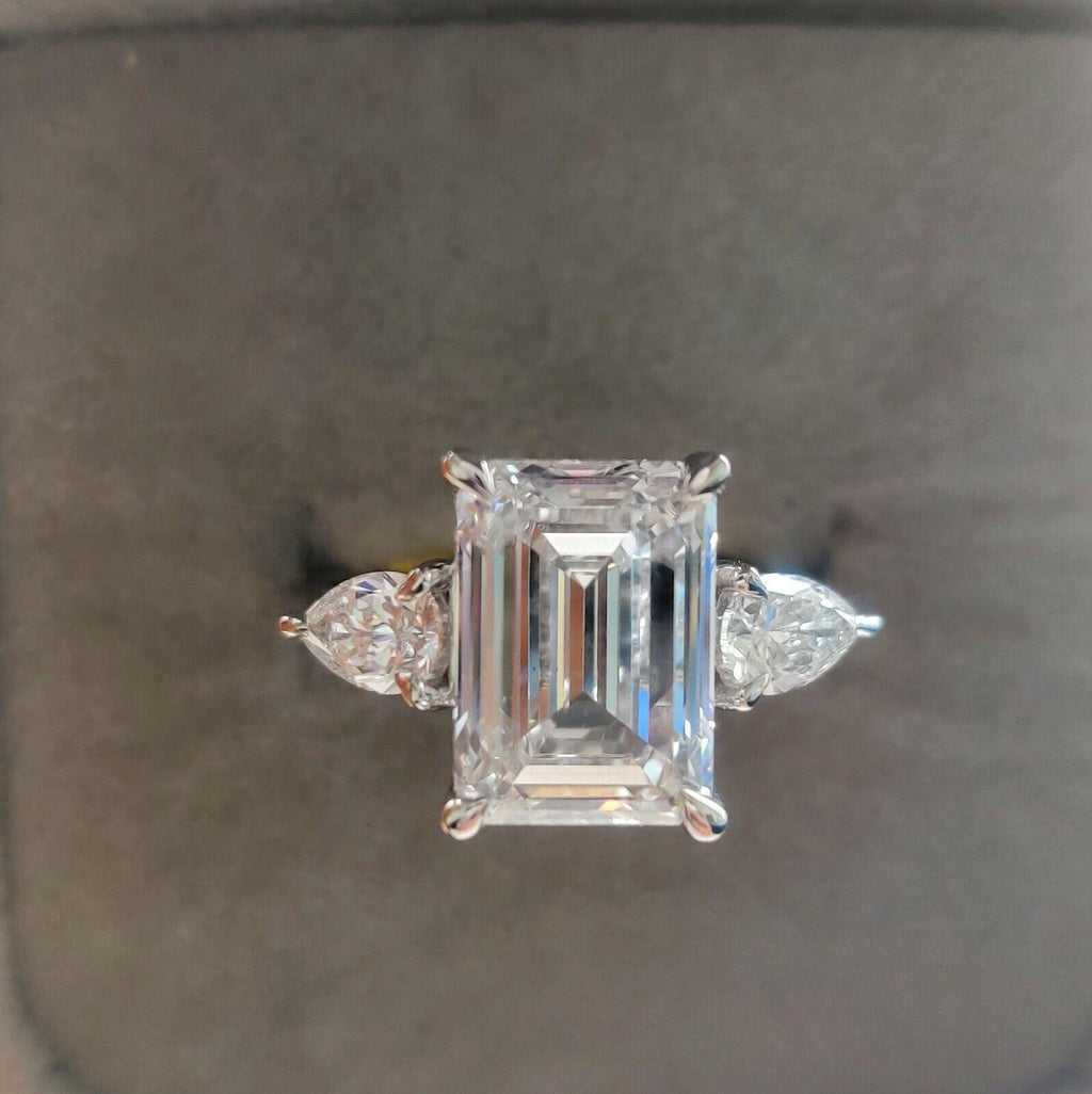 Special Offer ! F/VS 4.50Ct - 5.50 Ct Emerald & Side Pear Diamond Trilogy Ring Platinum