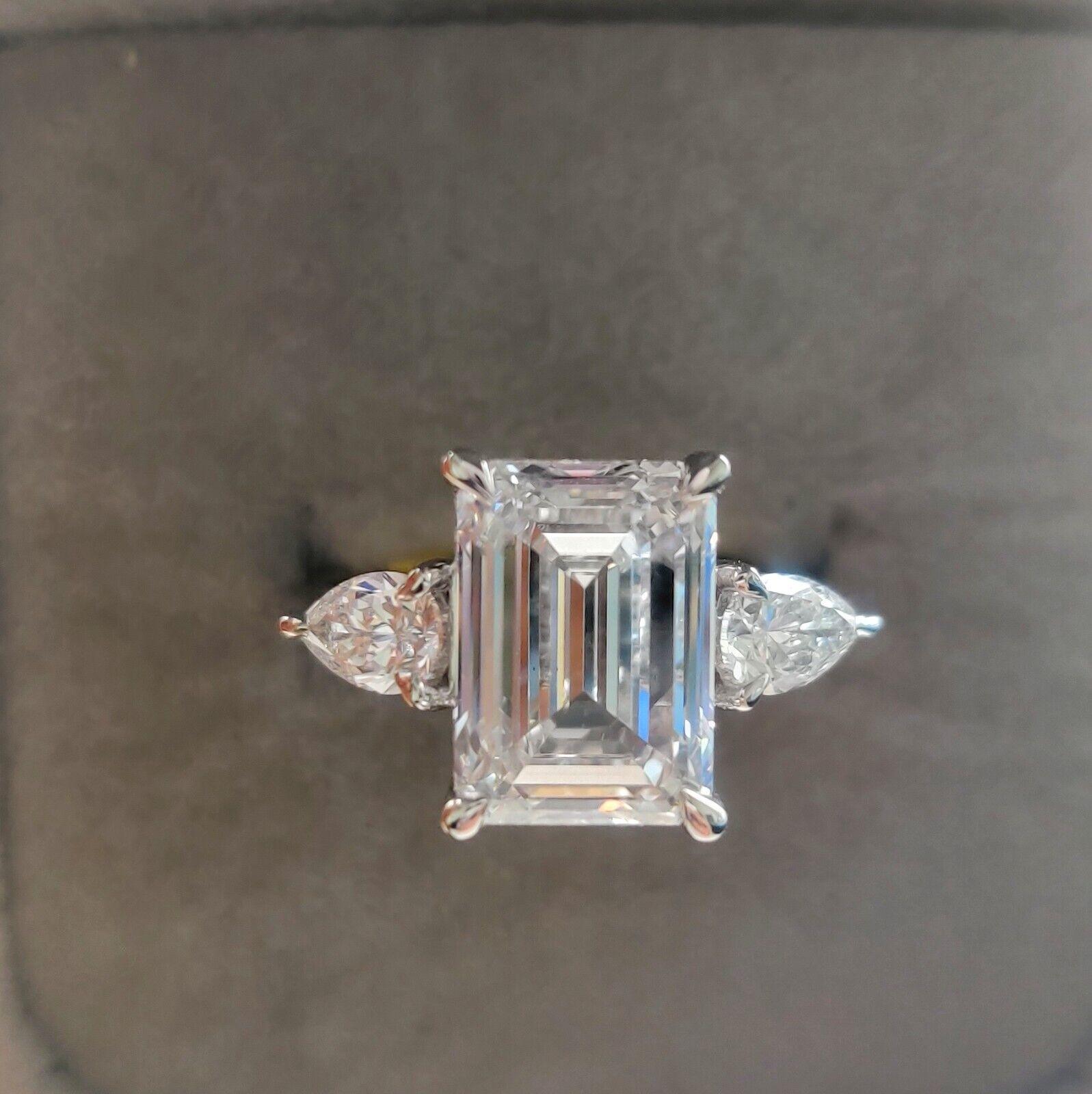 Special Offer ! F/VS 4.50Ct - 5.50 Ct Emerald & Side Pear Diamond Trilogy Ring Platinum