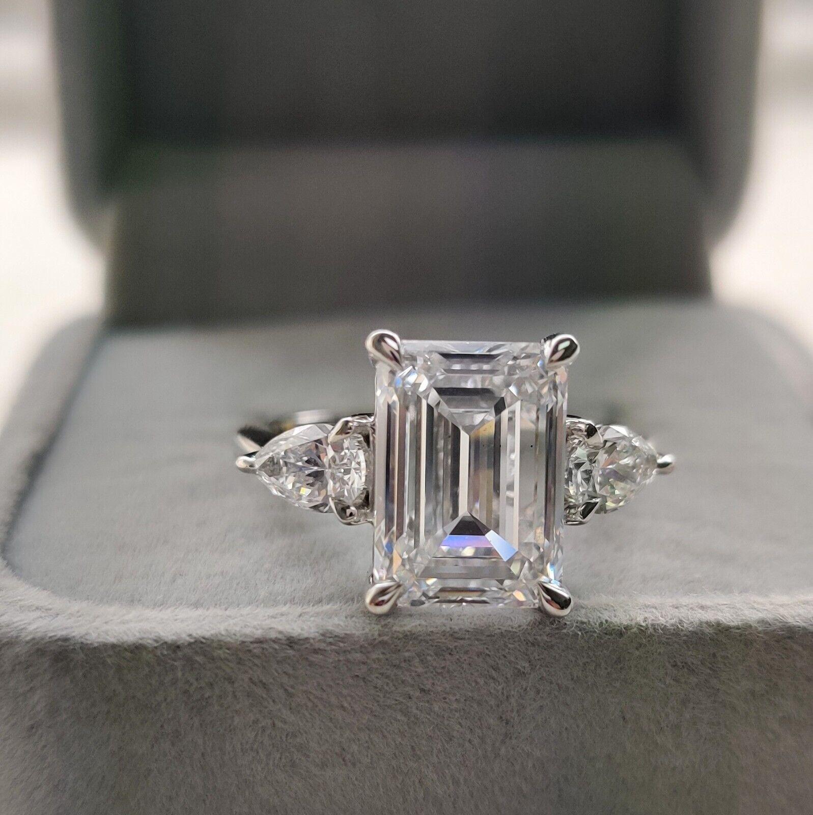 Special Offer ! F/VS 4.50Ct - 5.50 Ct Emerald & Side Pear Diamond Trilogy Ring Platinum