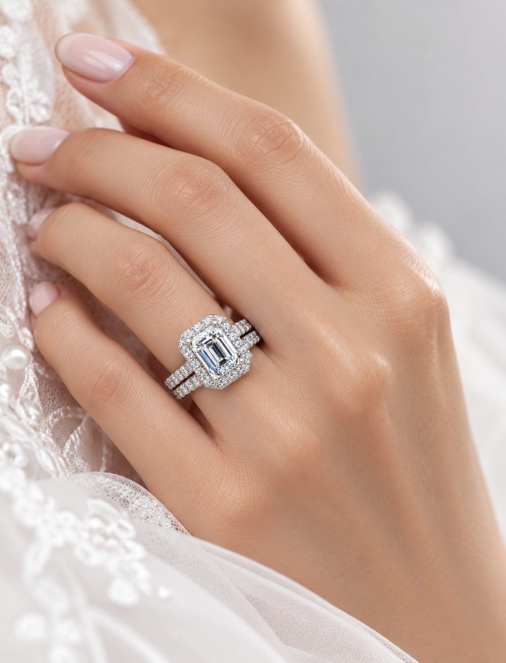 IGI Certified Emerald Cut Lab Grown Diamond Bridal Ring Set with Pavé Band