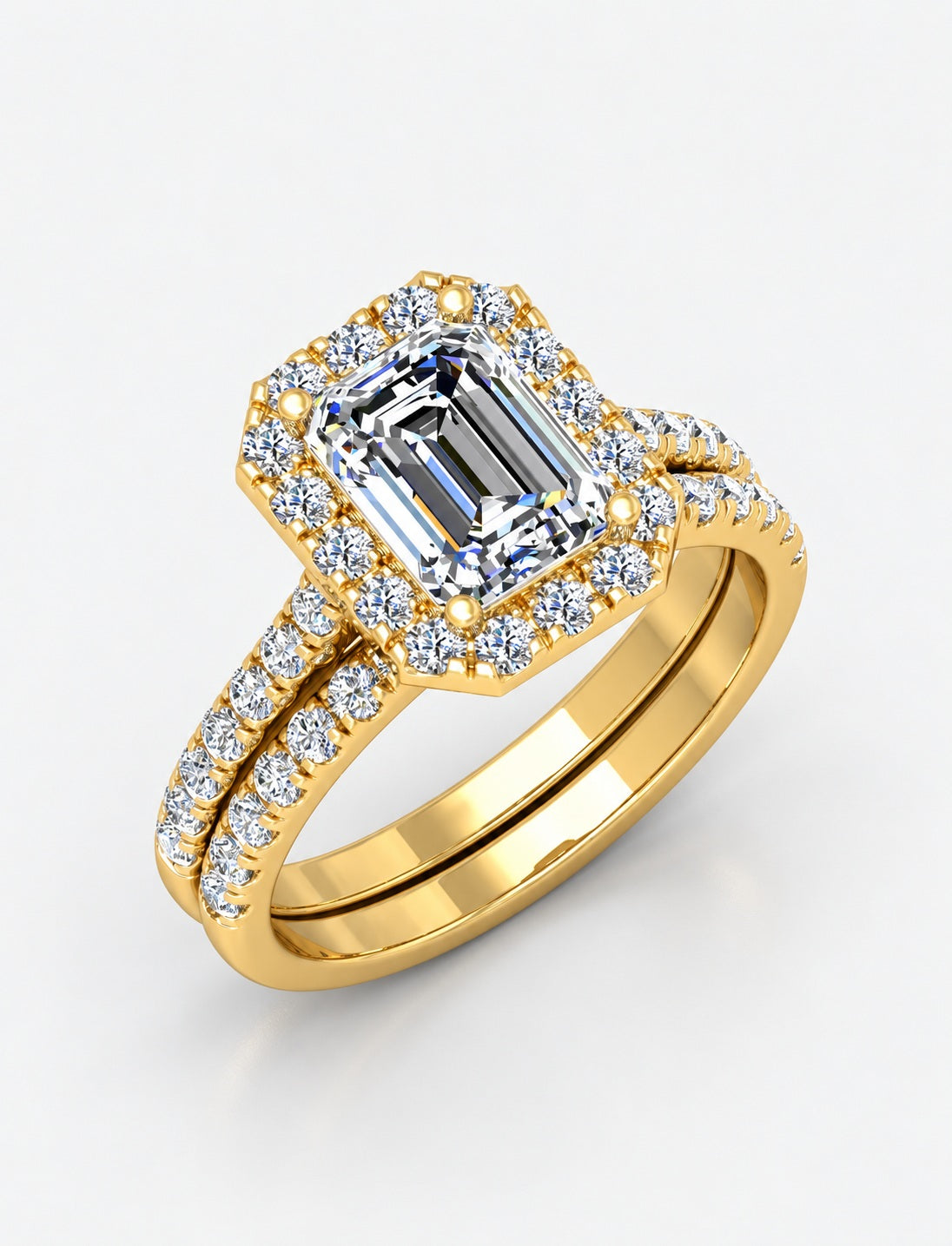 IGI Certified Emerald Cut Lab Grown Diamond Bridal Ring Set with Pavé Band