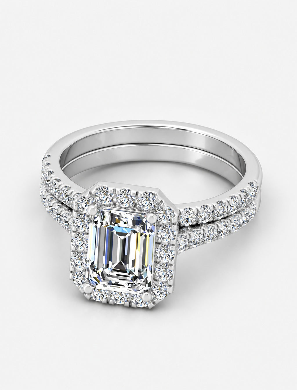 IGI Certified Emerald Cut Lab Grown Diamond Bridal Ring Set with Pavé Band
