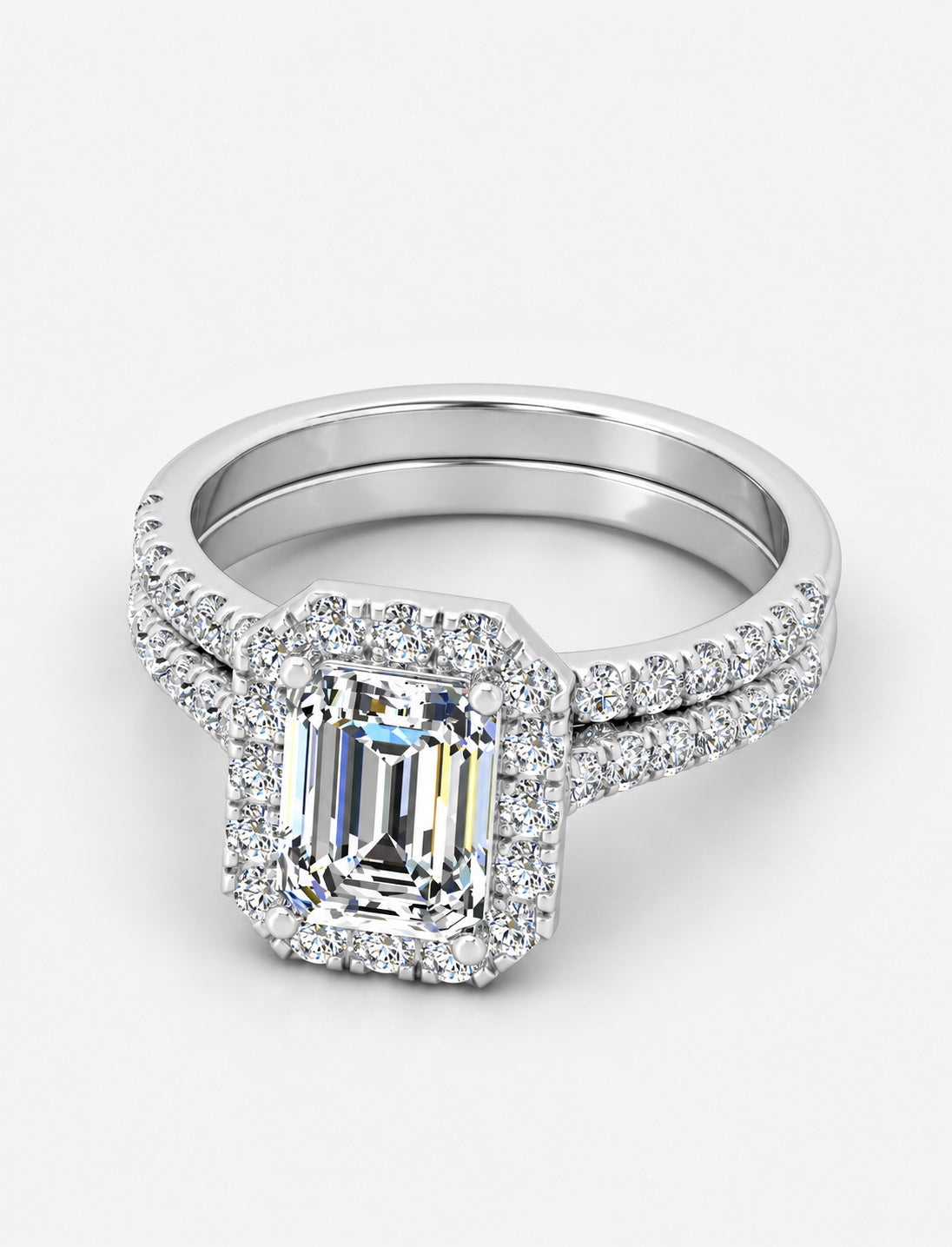 IGI Certified Emerald Cut Lab Grown Diamond Bridal Ring Set with Pavé Band