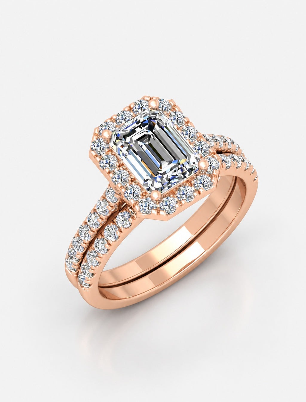 IGI Certified Emerald Cut Lab Grown Diamond Bridal Ring Set with Pavé Band
