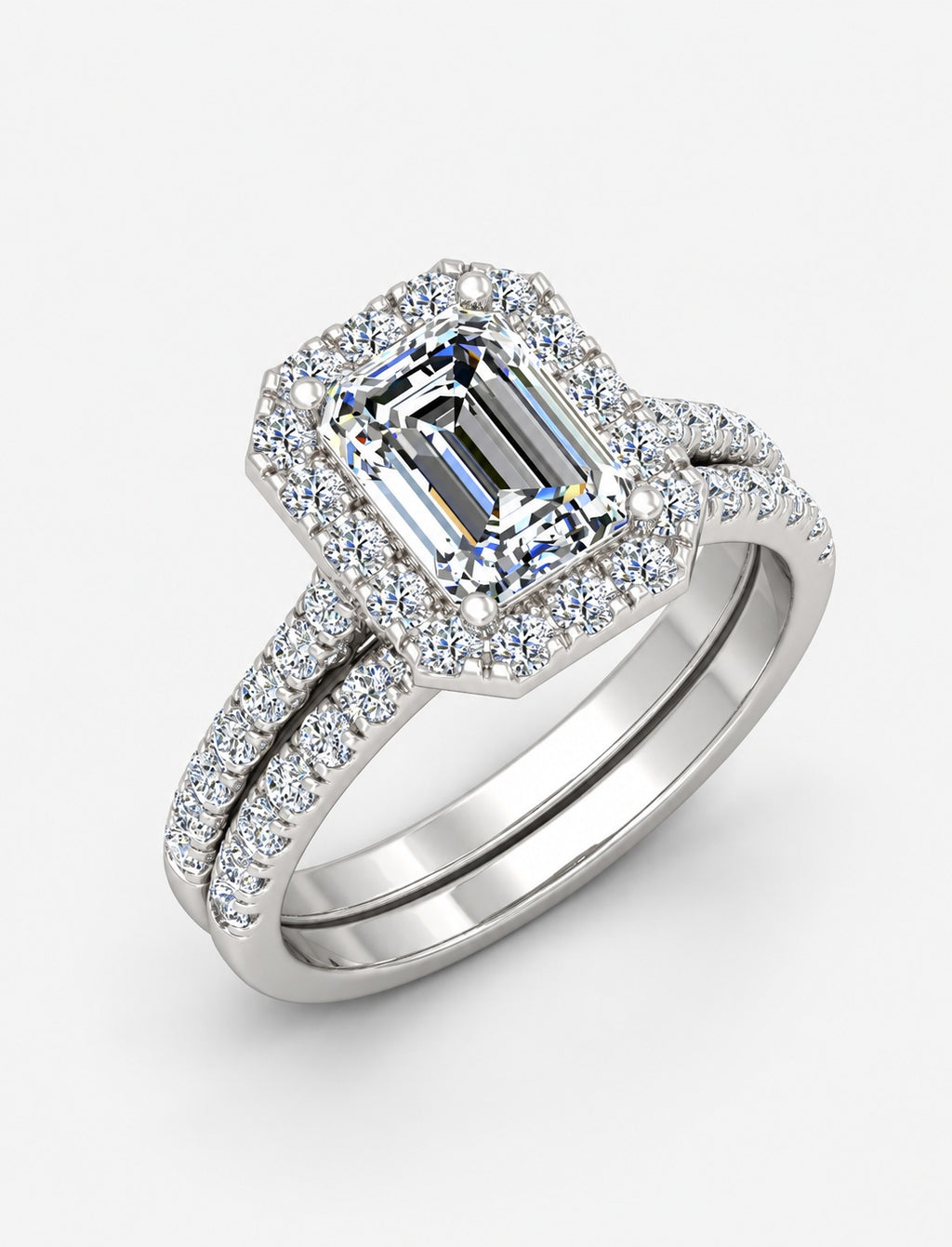 IGI Certified Emerald Cut Lab Grown Diamond Bridal Ring Set with Pavé Band